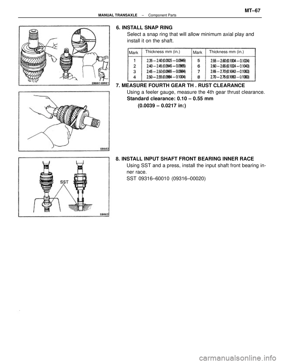 TOYOTA CAMRY V20 1986  Service Information 7. MEASURE FOURTH GEAR TH . RUST CLEARANCE
Using a feeler gauge, measure the 4th gear thrust clearance.
Standard clearance: 0.10 ± 0.55 mm
(0.0039 ± 0.0217 in:)
8. INSTALL INPUT SHAFT FRONT BEARING 
