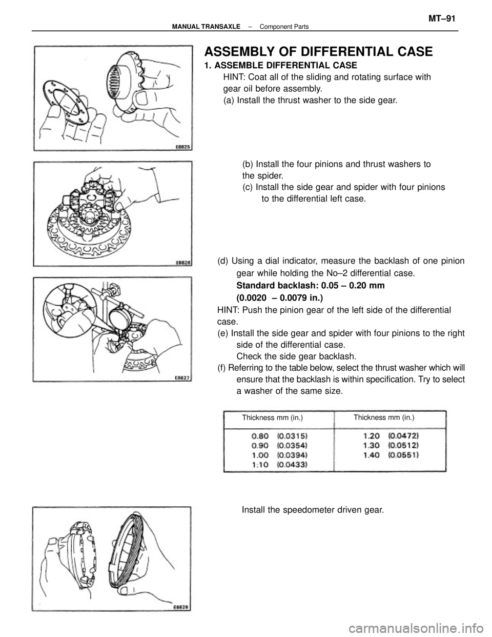 TOYOTA CAMRY V20 1986  Service Information (d) Using a dial indicator, measure the backlash of one pinion
gear while holding the No±2 differential case.
Standard backlash: 0.05 ± 0.20 mm
(0.0020  ± 0.0079 in.)
HINT: Push the pinion gear of 