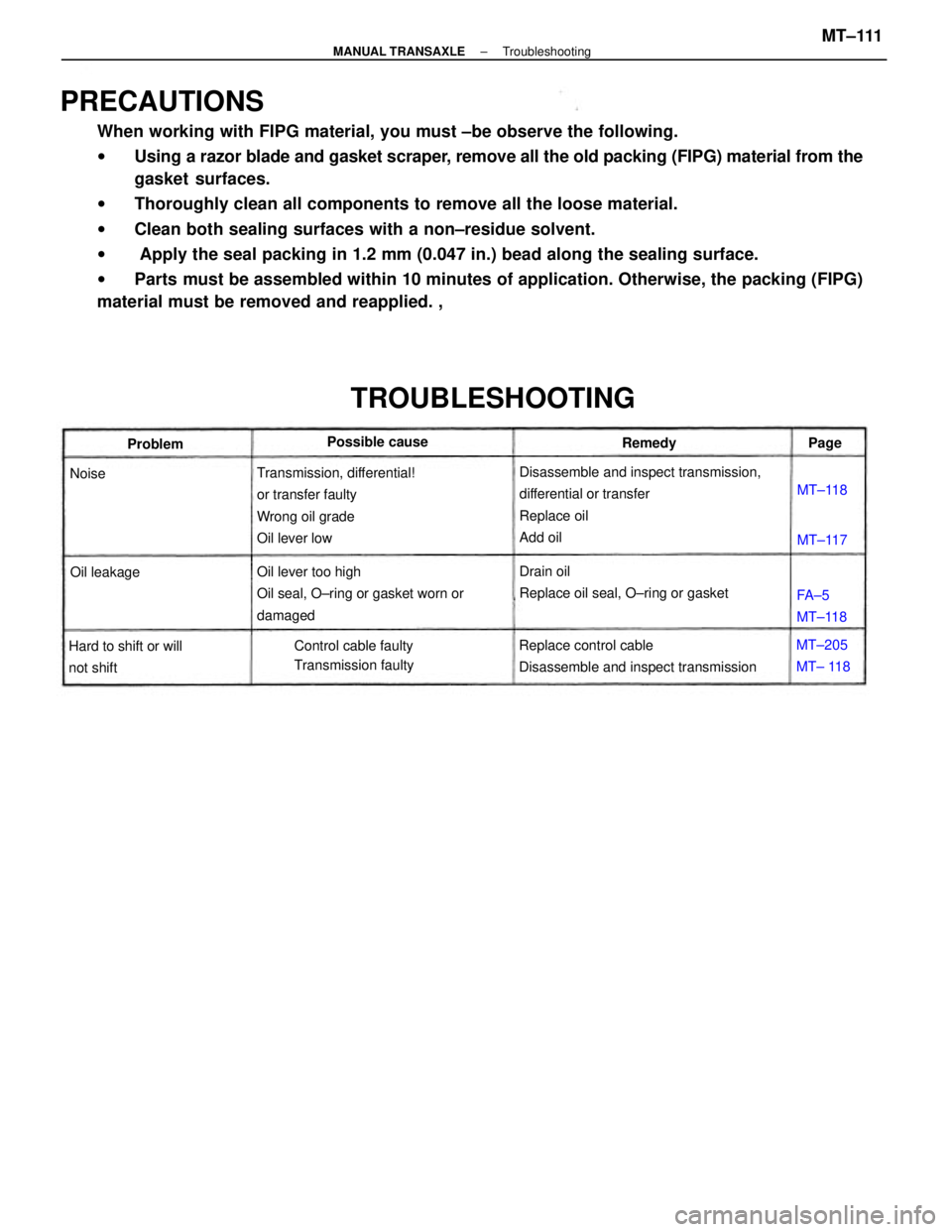 TOYOTA CAMRY V20 1986 Service Information PRECAUTIONS
When working with FIPG material, you must ±be observe the following.
wUsing a razor blade and gasket scraper, remove all the old packing (FIPG) material from the
gasket surfaces.
wThoroug TOYOTA CAMRY V20 1986 Service Information PRECAUTIONS
When working with FIPG material, you must ±be observe the following.
wUsing a razor blade and gasket scraper, remove all the old packing (FIPG) material from the
gasket surfaces.
wThoroug