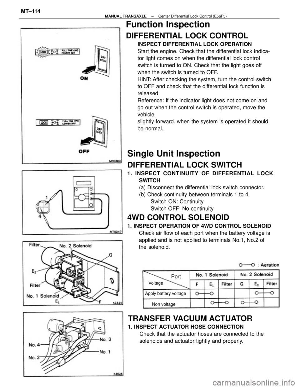 TOYOTA CAMRY V20 1986 Service Information Single Unit Inspection
DIFFERENTIAL LOCK SWITCH
1. INSPECT CONTINUITY OF DIFFERENTIAL LOCK
SWITCH
(a) Disconnect the differential lock switch connector.
(b) Check continuity between terminals 1 to 4.
TOYOTA CAMRY V20 1986 Service Information Single Unit Inspection
DIFFERENTIAL LOCK SWITCH
1. INSPECT CONTINUITY OF DIFFERENTIAL LOCK
SWITCH
(a) Disconnect the differential lock switch connector.
(b) Check continuity between terminals 1 to 4.