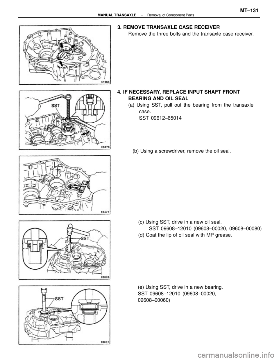 TOYOTA CAMRY V20 1986  Service Information 4. IF NECESSARY, REPLACE INPUT SHAFT FRONT
BEARING AND OIL SEAL
(a) Using SST, pull out the bearing from the transaxle
case.
SST 09612±65014
(c) Using SST, drive in a new oil seal.
SST 09608±12010 (
