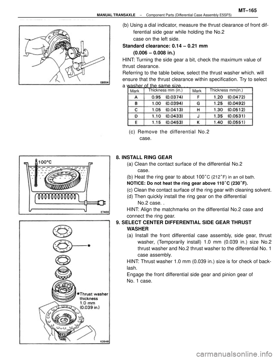 TOYOTA CAMRY V20 1986  Service Information 8. INSTALL RING GEAR
(a) Clean the contact surface of the differential No.2
case.
(b) Heat the ring gear to about 100
°C (212°F) in an oil bath.
NOTICE: Do not heat the ring gear above 110°C (230°