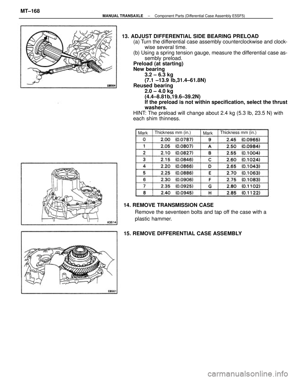 TOYOTA CAMRY V20 1986  Service Information 13. ADJUST DIFFERENTIAL SIDE BEARING PRELOAD
(a) Turn the differential case assembly counterclockwise and clock-
wise several time.
(b) Using a spring tension gauge, measure the differential case as-
