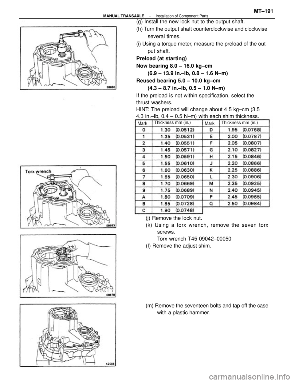 TOYOTA CAMRY V20 1986  Service Information (g) Install the new lock nut to the output shaft.
(h) Turn the output shaft counterclockwise and clockwise
several times.
(i) Using a torque meter, measure the preload of the out-
put shaft.
Preload (