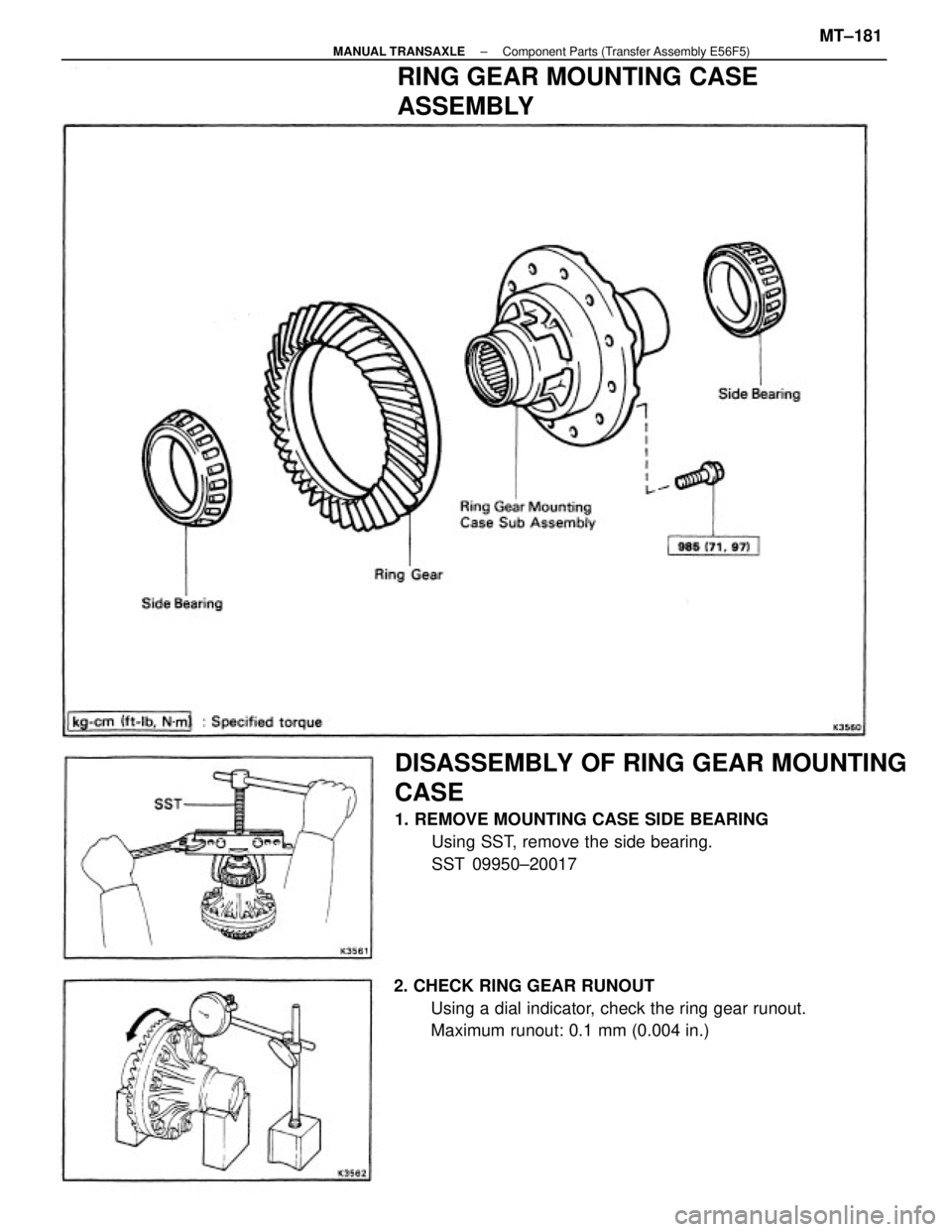 TOYOTA CAMRY V20 1986  Service Information DISASSEMBLY OF RING GEAR MOUNTING
CASE
1. REMOVE MOUNTING CASE SIDE BEARING
Using SST, remove the side bearing.
SST 09950±20017
2. CHECK RING GEAR RUNOUT
Using a dial indicator, check the ring gear r