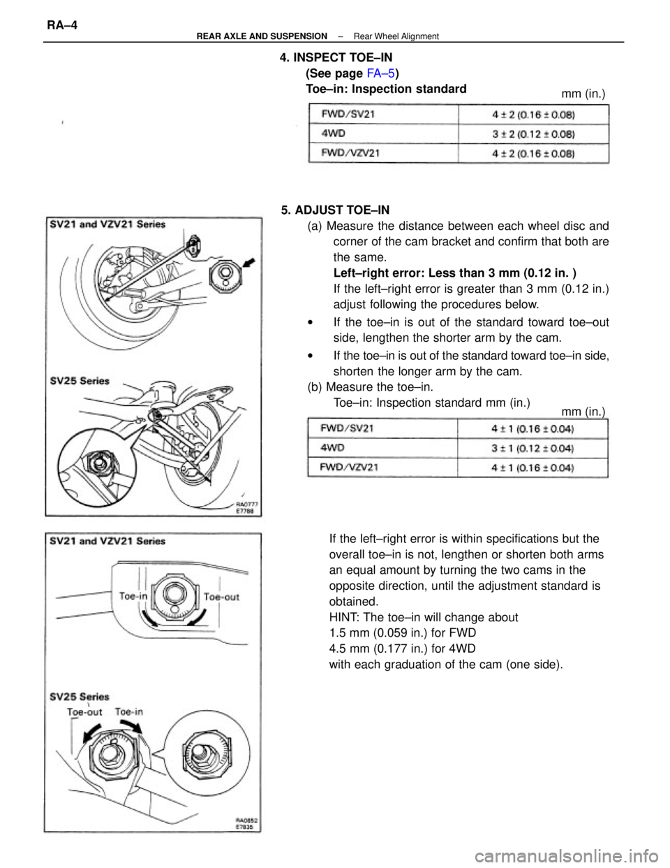 TOYOTA CAMRY V20 1986  Service Information 5. ADJUST TOE±IN
(a) Measure the distance between each wheel disc and
corner of the cam bracket and confirm that both are
the same.
Left±right error: Less than 3 mm (0.12 in. )
If the left±right er