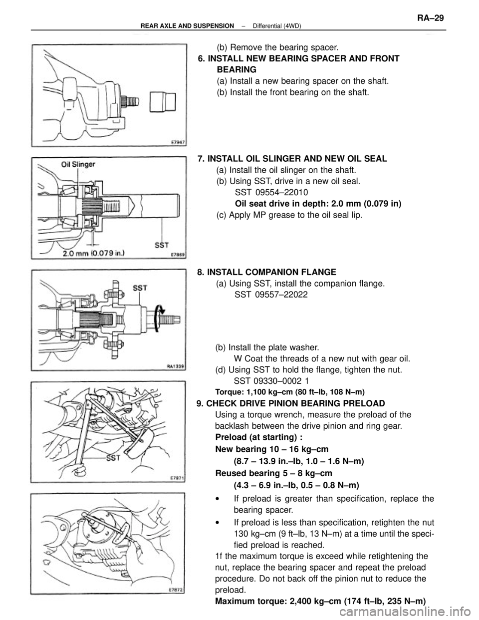 TOYOTA CAMRY V20 1986  Service Information (b) Install the plate washer.
W Coat the threads of a new nut with gear oil.
(d) Using SST to hold the flange, tighten the nut.
SST 09330±0002 1
Torque: 1,100 kg±cm (80 ft±Ib, 108 N±m)
9. CHECK DR