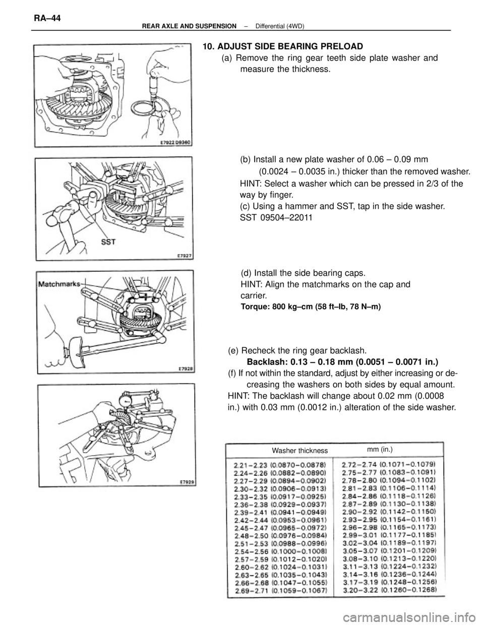 TOYOTA CAMRY V20 1986  Service Information (e) Recheck the ring gear backlash.
Backlash: 0.13 ± 0.18 mm (0.0051 ± 0.0071 in.)
(f) If not within the standard, adjust by either increasing or de-
creasing the washers on both sides by equal amou