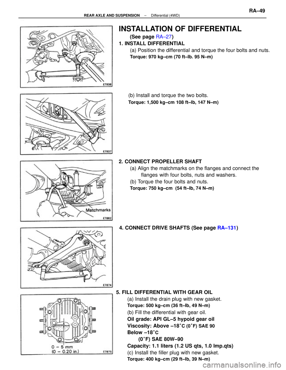 TOYOTA CAMRY V20 1986  Service Information 5. FILL DIFFERENTIAL WITH GEAR OIL
(a) Install the drain plug with new gasket.
Torque: 500 kg±cm (36 ft±Ib, 49 N±m)
(b) Fill the differential with gear oil.
Oil grade: API GL±5 hypoid gear oil
Vis