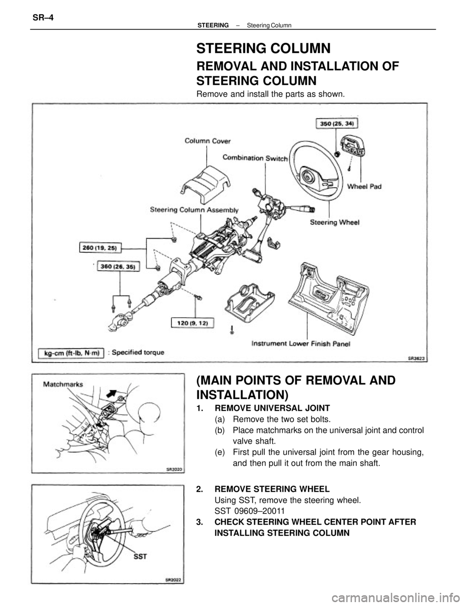TOYOTA CAMRY V20 1986  Service Information (MAIN POINTS OF REMOVAL AND
INSTALLATION)
1.  REMOVE UNIVERSAL JOINT
(a)  Remove the two set bolts.
(b)  Place matchmarks on the universal joint and control
valve shaft.
(e)  First pull the universal 