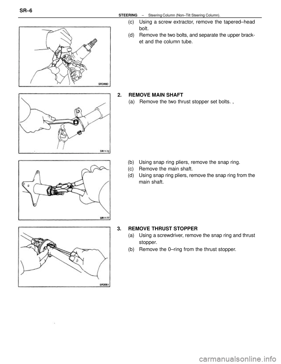TOYOTA CAMRY V20 1986  Service Information 3.  REMOVE THRUST STOPPER
(a)  Using a screwdriver, remove the snap ring and thrust
stopper.
(b)  Remove the 0±ring from the thrust stopper. (b)  Using snap ring pliers, remove the snap ring.
(c)  Re