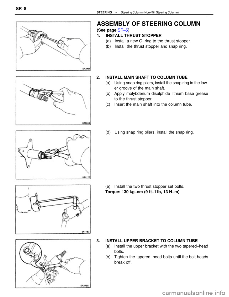 TOYOTA CAMRY V20 1986  Service Information 2.  INSTALL MAIN SHAFT TO COLUMN TUBE
(a) Using snap ring pliers, install the snap ring in the low-
er groove of the main shaft.
(b)  Apply molybdenum disulphide lithium base grease
to the thrust stop