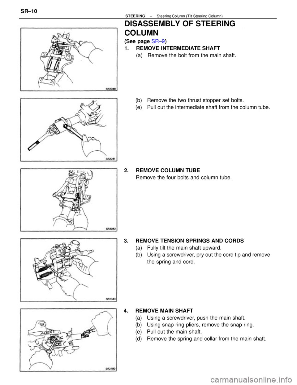 TOYOTA CAMRY V20 1986  Service Information 4.  REMOVE MAIN SHAFT
(a)  Using a screwdriver, push the main shaft.
(b)  Using snap ring pliers, remove the snap ring.
(e)  Pull out the main shaft.
(d)  Remove the spring and collar from the main sh