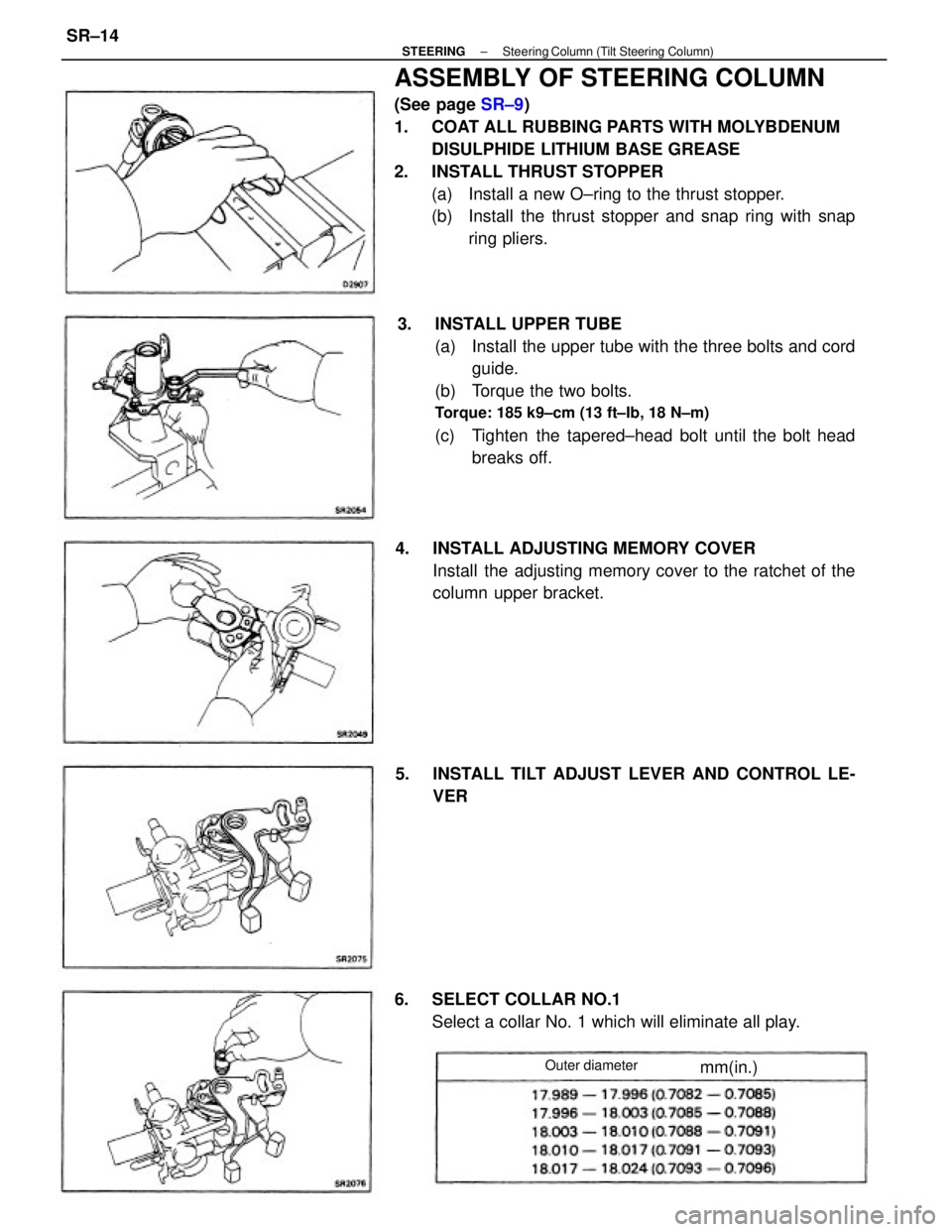 TOYOTA CAMRY V20 1986  Service Information ASSEMBLY OF STEERING COLUMN
(See page SR±9)
1.  COAT ALL RUBBING PARTS WITH MOLYBDENUM
DISULPHIDE LITHIUM BASE GREASE
2.  INSTALL THRUST STOPPER
(a)  Install a new O±ring to the thrust stopper.
(b) 