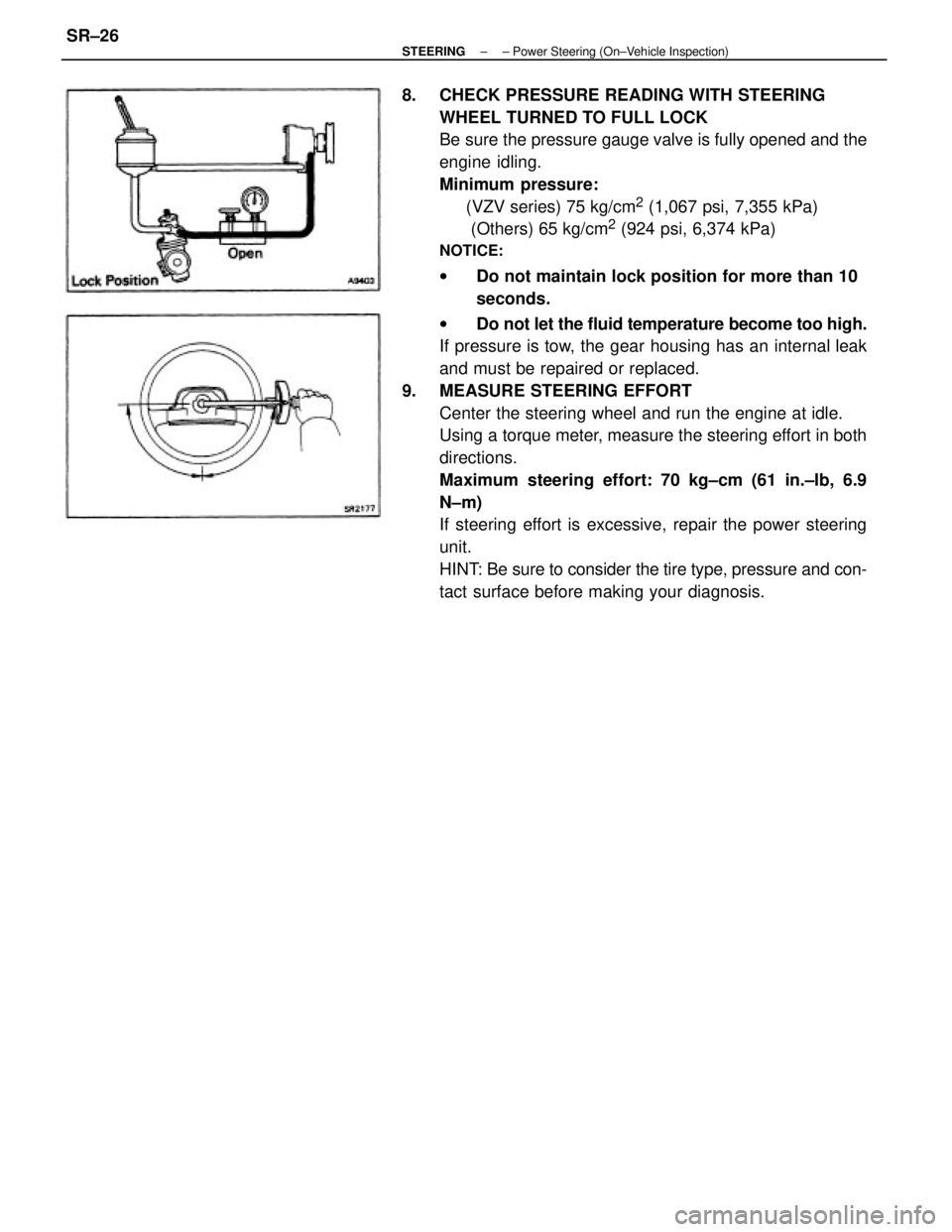 TOYOTA CAMRY V20 1986  Service Information 8.  CHECK PRESSURE READING WITH STEERING
WHEEL TURNED TO FULL LOCK
Be sure the pressure gauge valve is fully opened and the
engine  idling.
Minimum pressure:
             (VZV series) 75 kg/cm
2 (1,06