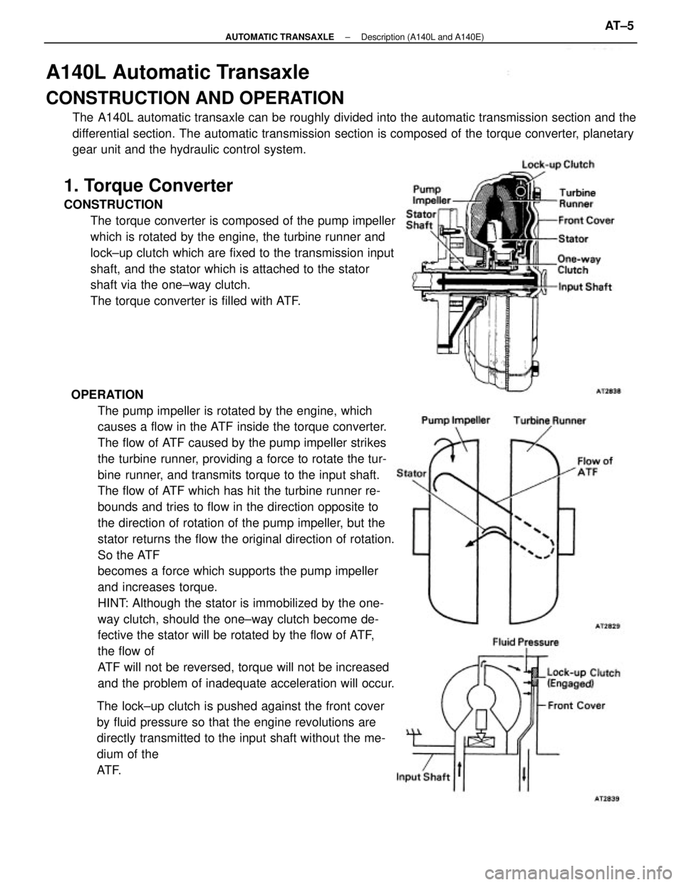 TOYOTA CAMRY V20 1986  Service Information A140L Automatic Transaxle
CONSTRUCTION AND OPERATION
The A140L automatic transaxle can be roughly divided into the automatic transmission section and the
differential section. The automatic transmissi