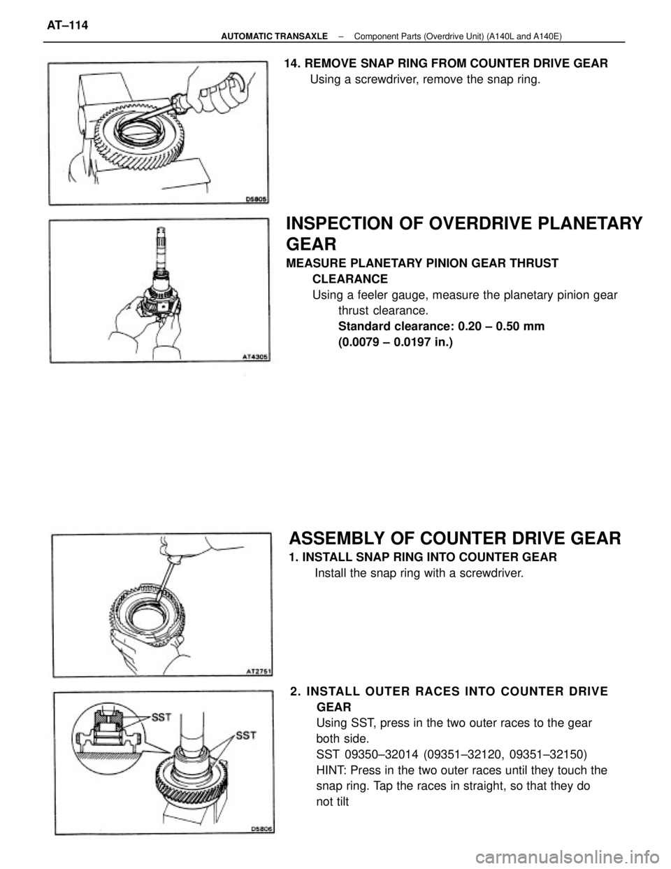 TOYOTA CAMRY V20 1986  Service Information INSPECTION OF OVERDRIVE PLANETARY
GEAR
MEASURE PLANETARY PINION GEAR THRUST
CLEARANCE
Using a feeler gauge, measure the planetary pinion gear
thrust clearance.
Standard clearance: 0.20 ± 0.50 mm
(0.0