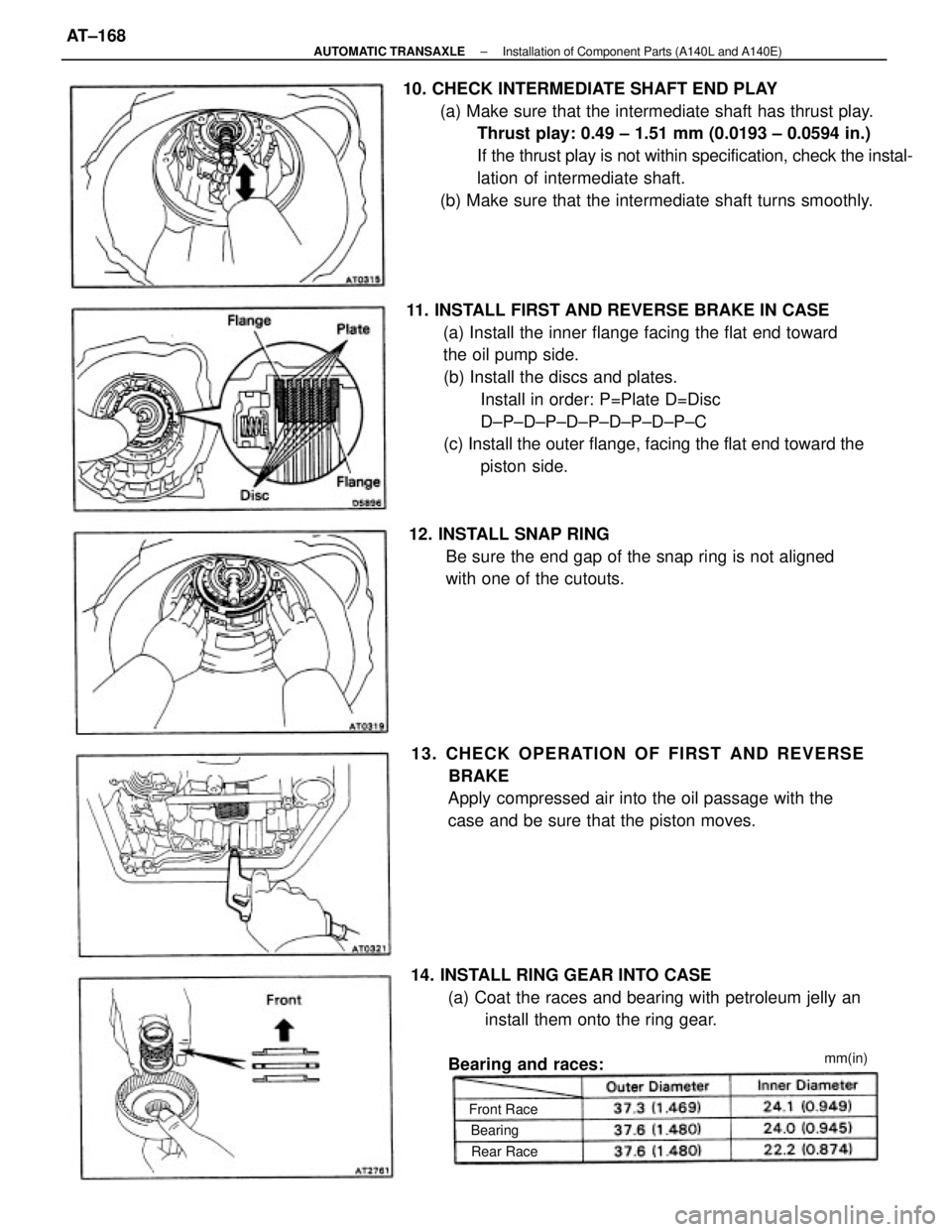 TOYOTA CAMRY V20 1986 Service Information 11. INSTALL FIRST AND REVERSE BRAKE IN CASE
(a) Install the inner flange facing the flat end toward
the oil pump side.
(b) Install the discs and plates.
Install in order: P=Plate D=Disc
D±P±D±P±D TOYOTA CAMRY V20 1986 Service Information 11. INSTALL FIRST AND REVERSE BRAKE IN CASE
(a) Install the inner flange facing the flat end toward
the oil pump side.
(b) Install the discs and plates.
Install in order: P=Plate D=Disc
D±P±D±P±D