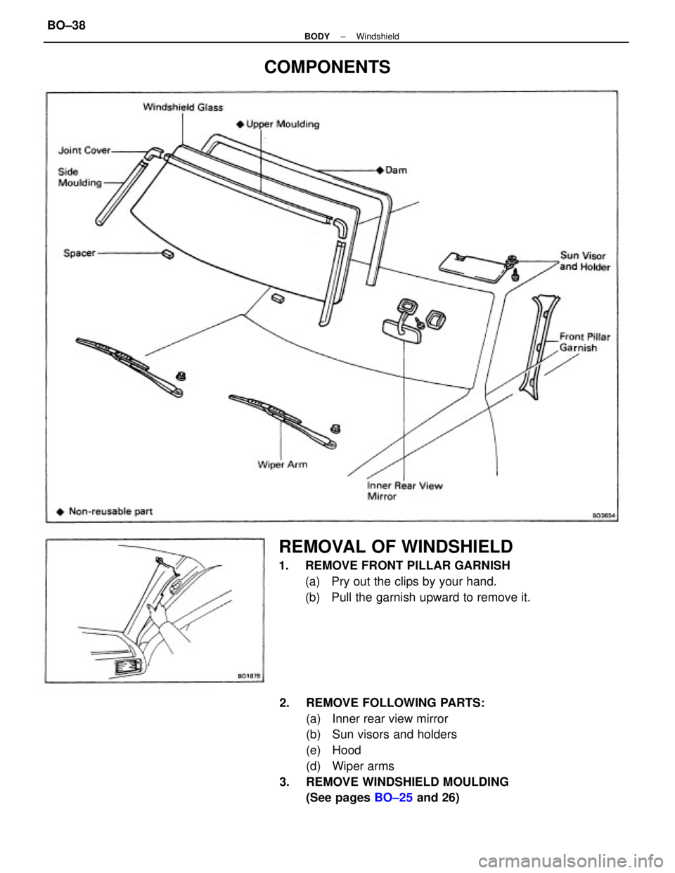 TOYOTA CAMRY V20 1986  Service Information 2.  REMOVE FOLLOWING PARTS:
(a)  Inner rear view mirror
(b)  Sun visors and holders
(e) Hood
(d) Wiper arms
3.  REMOVE WINDSHIELD MOULDING
(See pages BO±25 and 26)
REMOVAL OF WINDSHIELD
1.  REMOVE FR