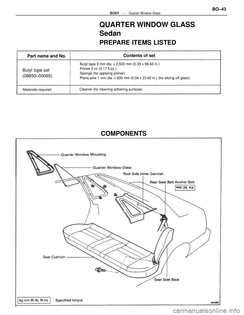 TOYOTA CAMRY V20 1986  Service Information Butyl tape 9 mm dia. x 2,500 mm (0.35 x 98.43 in.)
Primer 5 cc (0.17 fl.oz.)
Sponge (for applying primer)
Piano wire 1 mm dia. x 600 mm (0.04 x 23.62 in.) (for slicing off glass)
QUARTER WINDOW GLASS
