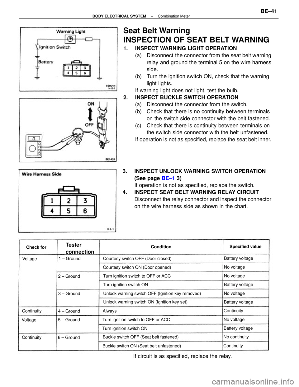 TOYOTA CAMRY V20 1986  Service Information Seat Belt Warning
INSPECTION OF SEAT BELT WARNING
1.  INSPECT WARNING LIGHT OPERATION
(a)  Disconnect  the connector from the seat belt warning
relay and ground the terminal 5 on the wire harness
side