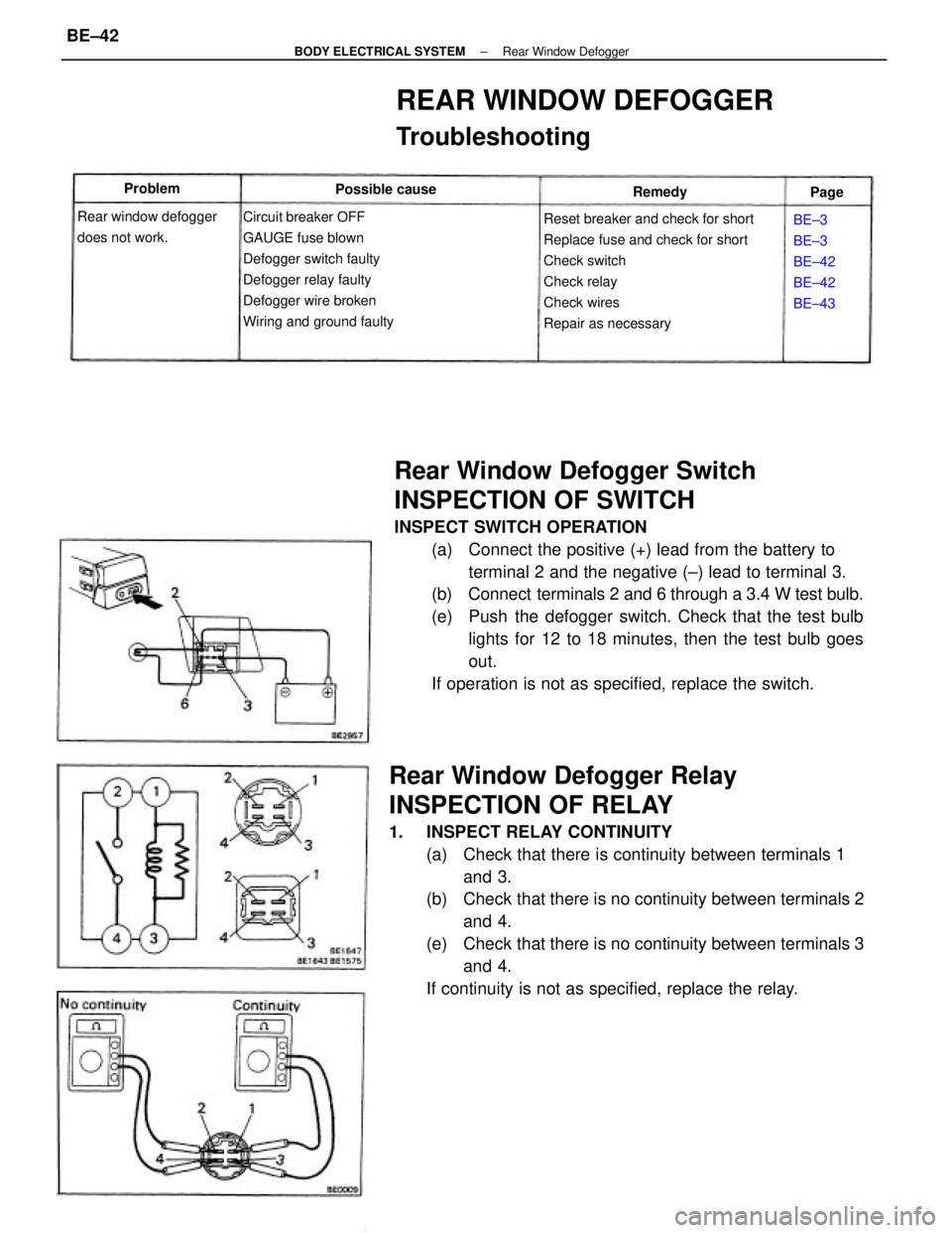 TOYOTA CAMRY V20 1986  Service Information Rear Window Defogger Switch
INSPECTION OF SWITCH
INSPECT SWITCH OPERATION
(a)  Connect the positive (+) lead from the battery to
terminal 2 and the negative (±) lead to terminal 3.
(b)  Connect  term