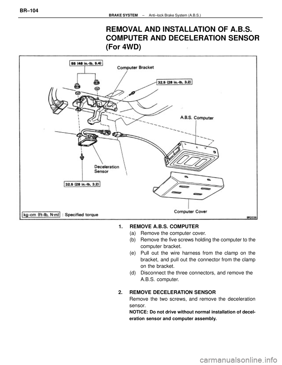 TOYOTA CAMRY V20 1986  Service Information 1.  REMOVE A.B.S. COMPUTER
(a)  Remove the computer cover.
(b)  Remove the five screws holding the computer to the
computer bracket.
(e)  Pull out the wire harness from the clamp on the
bracket, and p