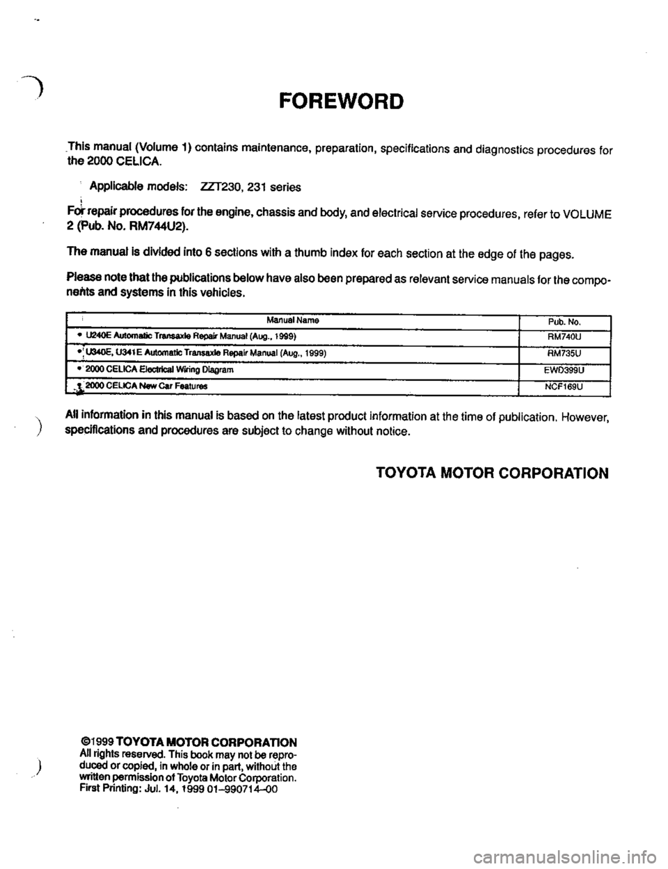 TOYOTA CELICA 1999  Service Repair Manual 