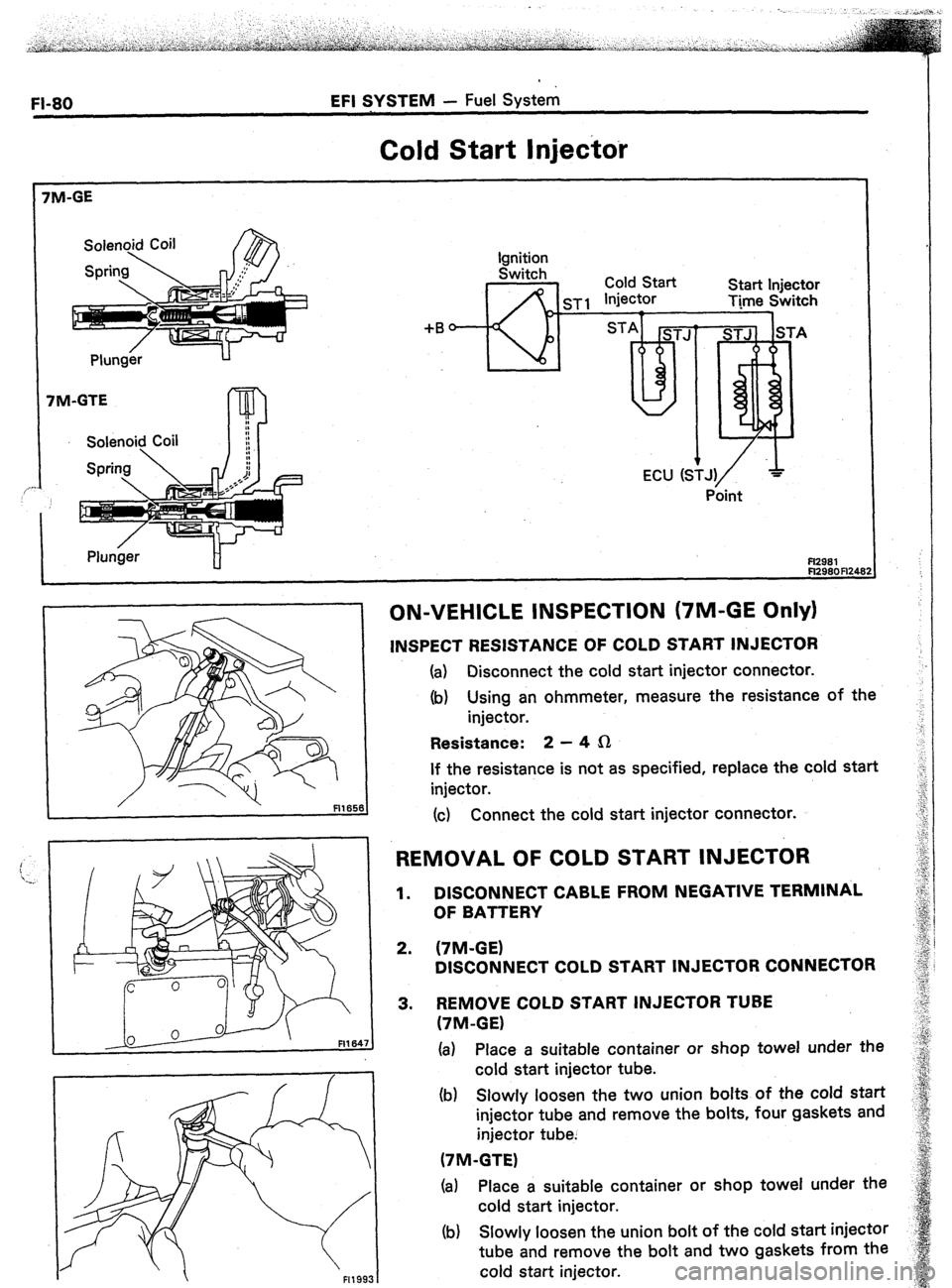 TOYOTA CELICA 1987  Service Repair Manual EFI SYSTEM - Fuel System 
Cold Start Injector 
I Plunger H 
+B 
*--!1?-- lgnlrlon 
Switch Cold Start 
sisrt InioFtnr I --.- -.. injector V.“. . .I .,Y”.... 
Time Switch 
1  7 
ON-VEHICLE INSPECTIO