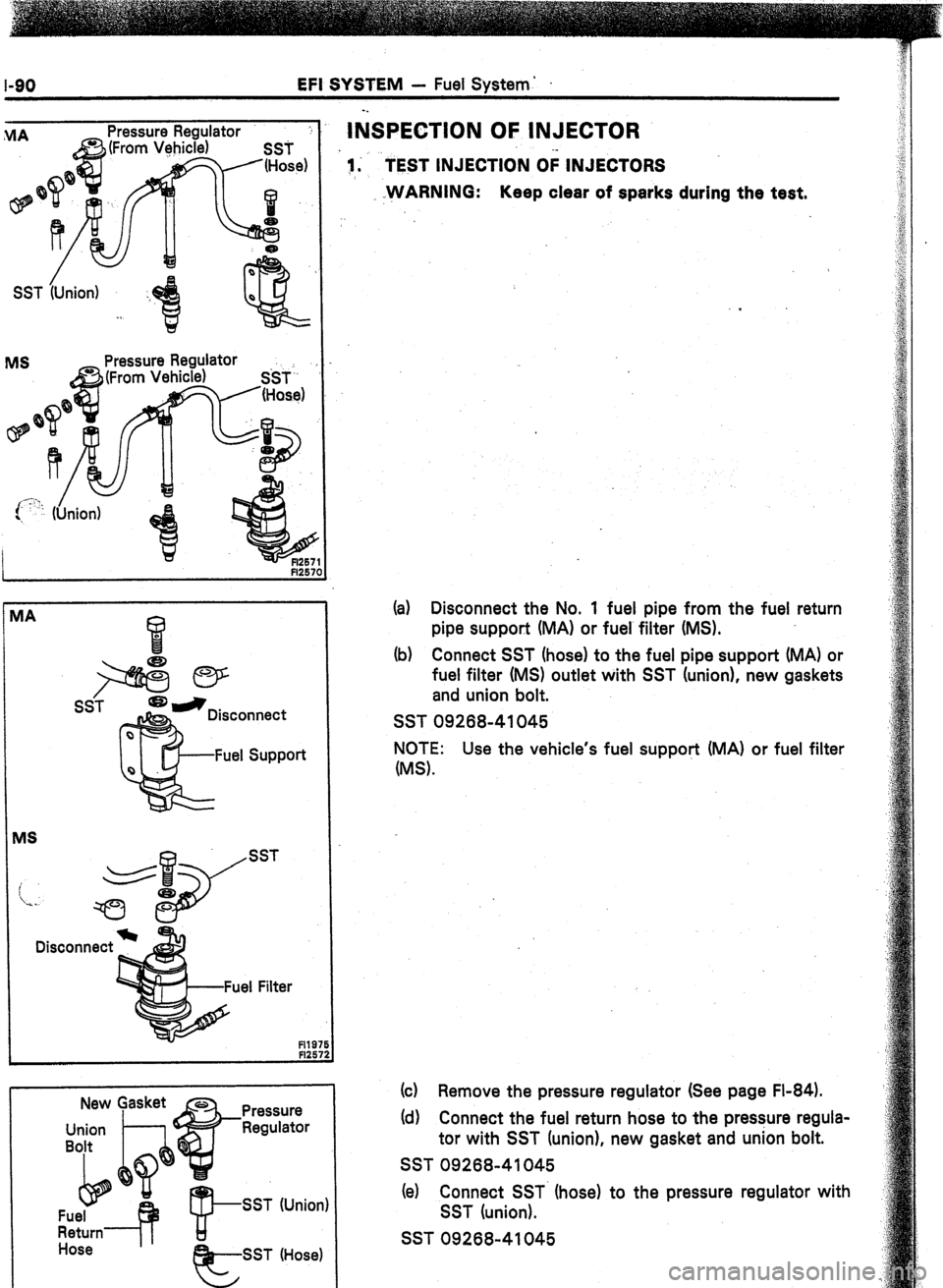 TOYOTA CELICA 1987  Service Repair Manual EFI SYSTEM - Fuel System’ 
IkPECTlON OF INJECTOR 
j; TEST INJECTION 0; INJECTORS 
.WARNING: Keep clear of sparks during the test. 
AS 
i  
c. 
Disconnect SST 
uel Filter 
Fl197 
Fl25-l 
New 
Union 
