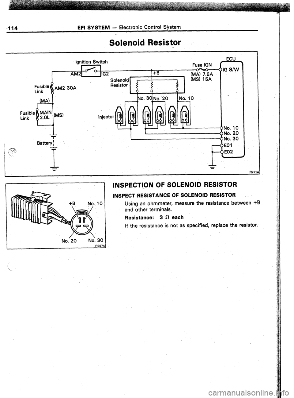 TOYOTA CELICA 1987  Service Repair Manual -114 EFI SYSTEM - Electronic Control Sistem 7. 
Solenoid Resistor 
. . 
ECU 
G S/W 
No. 10 
No. 20 
No. 30 
EOl 
E02 
1 INSPECTION OF SOLENOID RESISTOR 
INSPECT RESISTANCE OF SOLENOID RESISTOR 
Using 