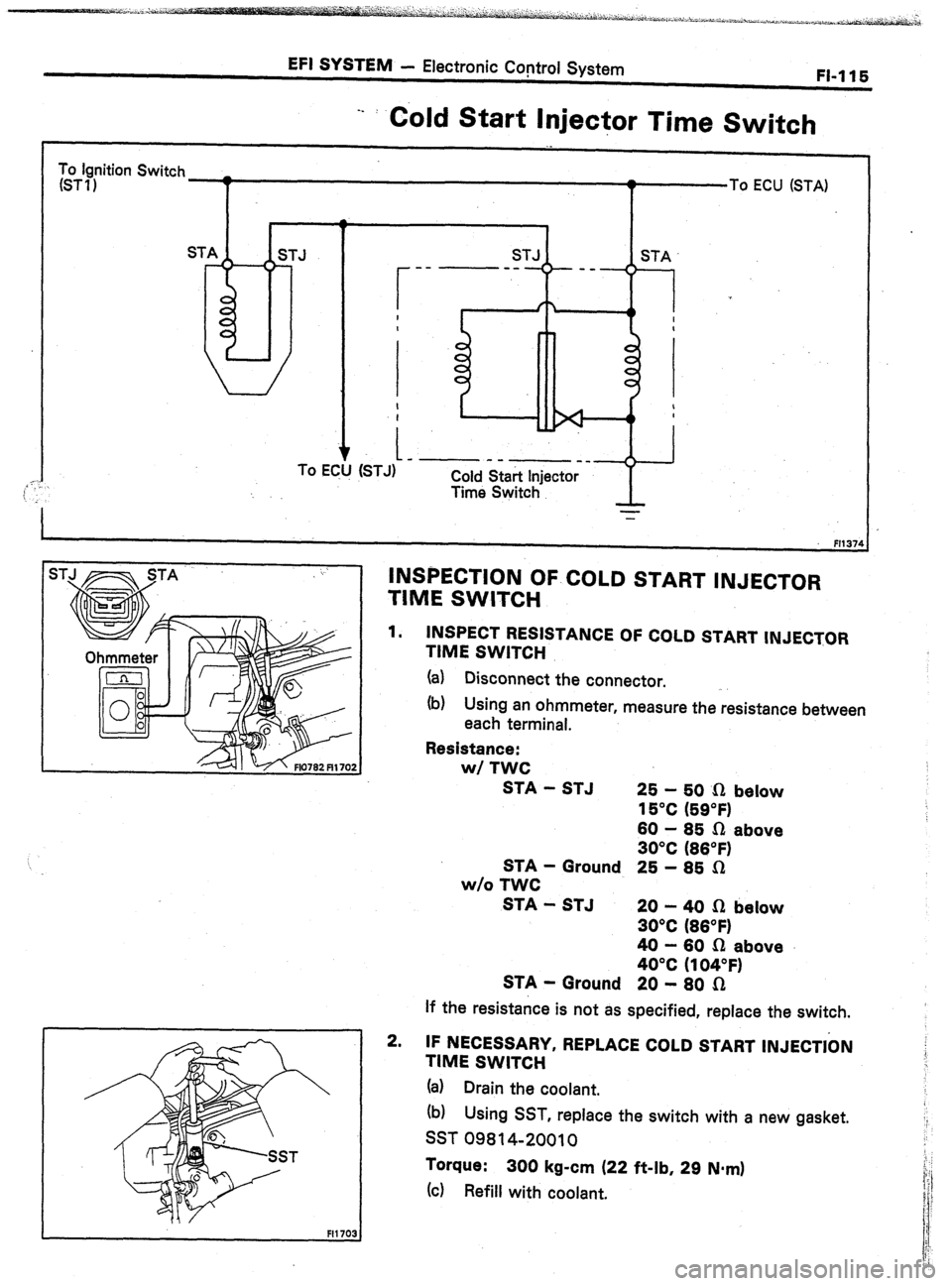 TOYOTA CELICA 1987  Service Repair Manual EFI SYSTEM 
- Electronic Co?troi System 
FI-116 
To ignition Switch 
(ST11 
1 To ECU (STA) 
-- : Cold Start Injector Time Switch 
._ 
To ECi 
Time Switch 
FH37 
INSPECTION OF COLD START INJECTOR 
TIME