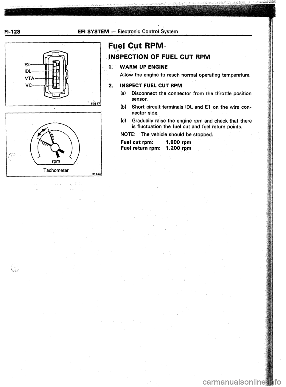 TOYOTA CELICA 1987  Service Repair Manual Fl-128 EFI SYSTEM - Electronic Contpl SyStem 
c 
’ FlO54 
Tachometer Fl114: 
Fuel Cut RPM-- 
;INSPECTION OF FUEL CUT RPM 
I. 
2. WARM UP ENGINE 
Allow the engine to reach normal operating temperatur