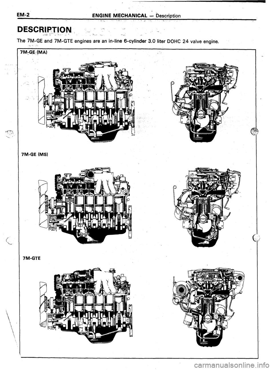 TOYOTA CELICA 1987  Service Repair Manual EM-2 
ENGINE MECHANICAL - Description 
-. 
DESCRl.PTlON _ 
.-. ..‘.  /,. 
: -- 
+..>r:*. ,, .,. 2 ,-,. j . .:..,. .- 
The 7M-GE and 7M-GTE engines are an in-line 6-cylinder 3.0 titer DOHC 24 valve e