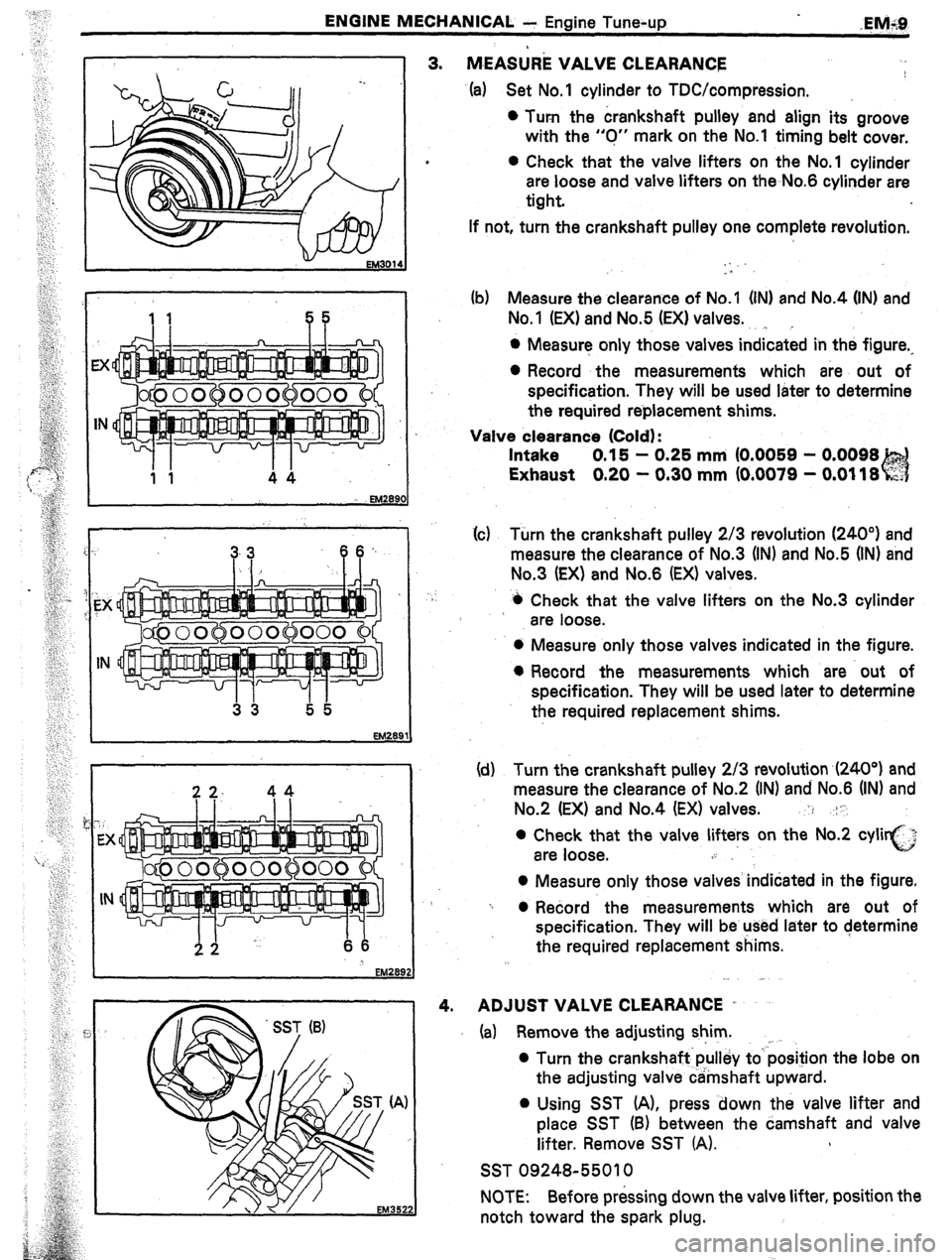 TOYOTA CELICA 1987  Service Repair Manual ENGINE MECHANICAL - Engine Tune-up 
3. 
* MEA&E VALVE CLEARANCE I 
4. (a) Set No.1 cylinder to TDC/compression. 
l Turn the crankshaft pulley and align its groove 
with the “0” mark on the No.1 ti
