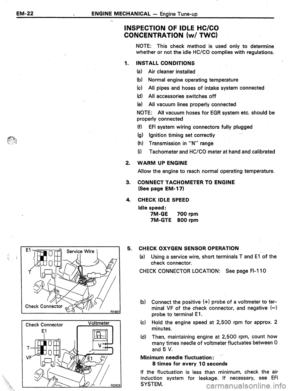 TOYOTA CELICA 1987  Service Repair Manual EM-22 ENGINE MECHANICAL - Engine Tune-up 
INSPECTION OF IDLE HC/CO 
CONCENTRATION (w/ TWC) 
NOTE: This check method is used only to determine 
whether or not the idle HWCO complies with regulations. 

