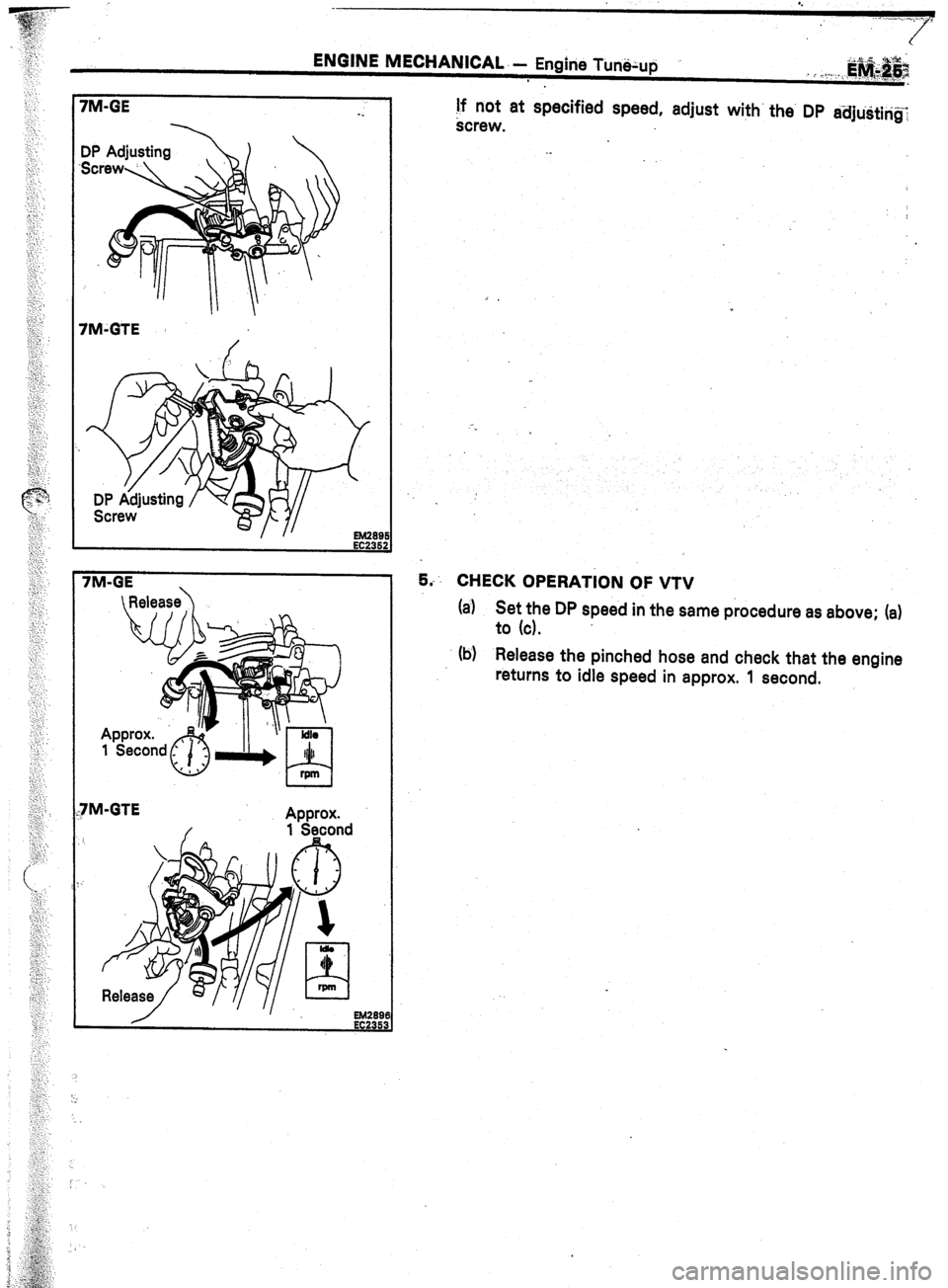 TOYOTA CELICA 1987  Service Repair Manual ‘. 
.’ 
J’ 
ENGINE MECHANICAL.- Engine Tun&up 
7M-GE 
-. 
7M-GTE 
7M-GE 
 Release 
FM-GTE 
Approx. if not at specified speed, adjust with the. DP adjUitiri& 
Screw. , 1 
5,~ CHECK OPERATION OF V