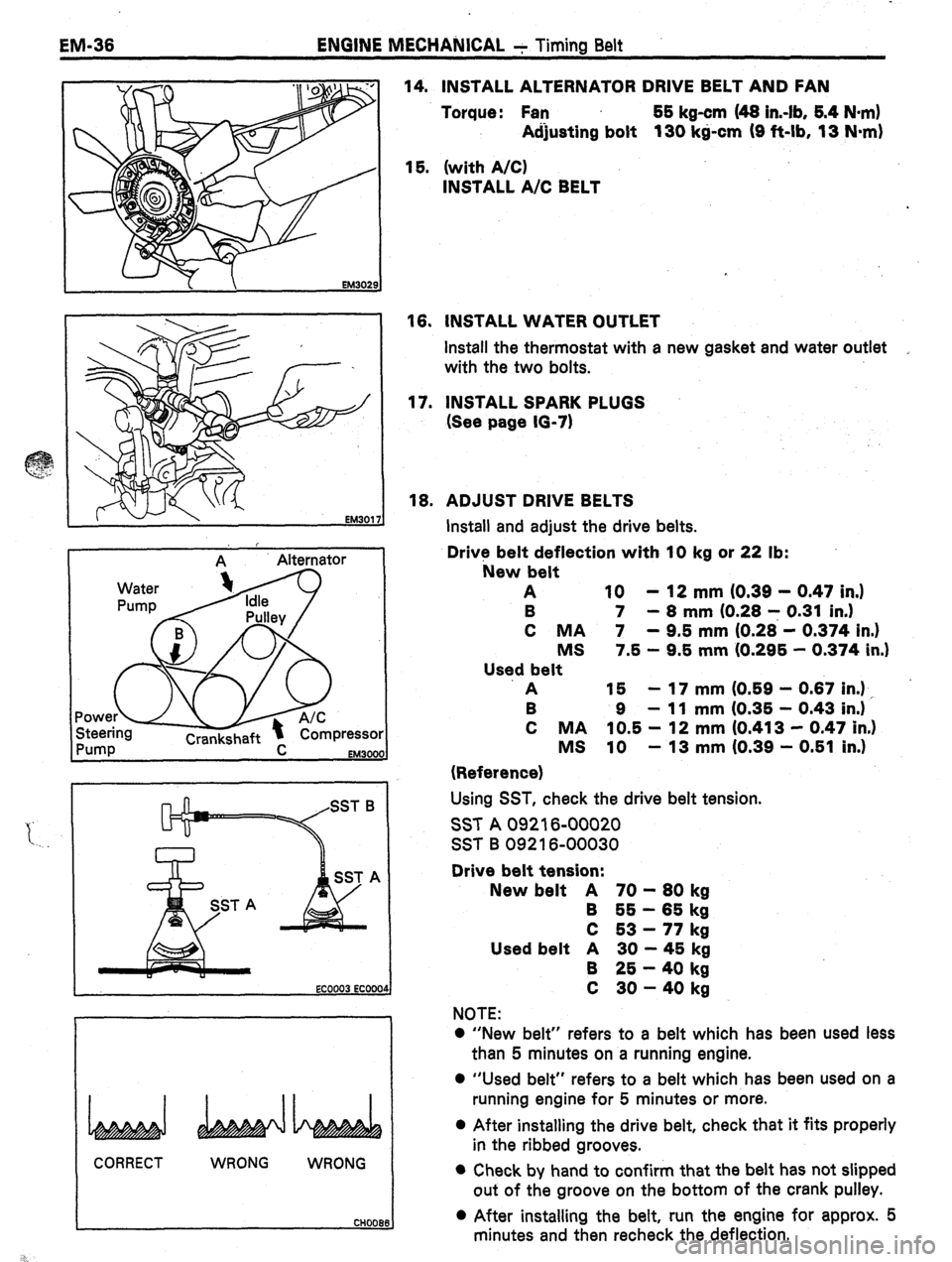 TOYOTA CELICA 1987  Service Repair Manual EM-36 ENGINE MECHANICAL - Timinn Belt 
EM302 
EM301 
, 
A 
Alternator 
1 
EM3000 
CORRECT WRONG 
WRONG 14. INSTALL ALTERNATOR DRIVE BELT AND FAN 
Torque: Fan 55 kg-cm (48 in.-lb, 6.4 N-m) 
Adjusting b
