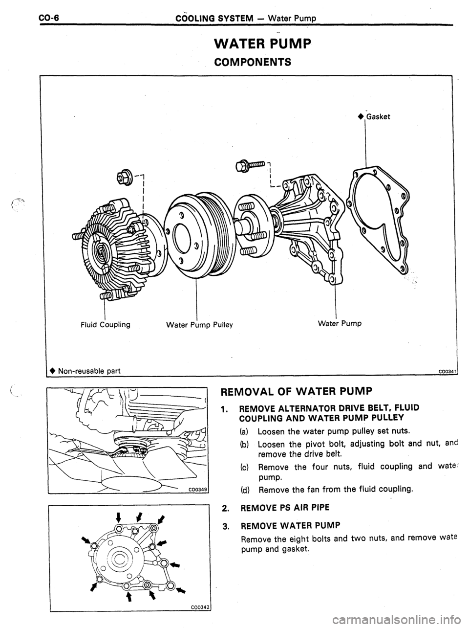 TOYOTA CELICA 1987  Service Repair Manual CO-6 
C6OLlNG SYSTEM - Water Puma 
WATER ilJMP 
COMPONENTS 
Fluid Ckqling Water P;lmp Pulley Water Pump 
+ Non-reusable part COOL3 
c REMOVAL OF WATER PUMP ._ 
1. REMOVE ALTERNATOR DRIVE BELT, FLUID 

