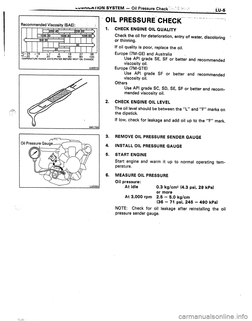 TOYOTA CELICA 1987 Service Repair Manual rutmwCiA rlON SYSTEM - Oil Pressure Che,ck’:q. .’ ‘f,“,; .! . ,_ _,, __ _ ,-tiu,e
Recommended
Viscositv (SAE):
I 1 1 1 h T-29 -,a 7 “F-20 0 TEMPEAATURE LY
I I b I I I I
I
z 4 16 36
/ TOYOTA CELICA 1987 Service Repair Manual rutmwCiA rlON SYSTEM - Oil Pressure Che,ck’:q. .’ ‘f,“,; .! . ,_ _,, __ _ ,-tiu,e
Recommended
Viscositv (SAE):
I 1 1 1 h T-29 -,a 7 “F-20 0 TEMPEAATURE LY
I I b I I I I
I
z 4 16 36
/
