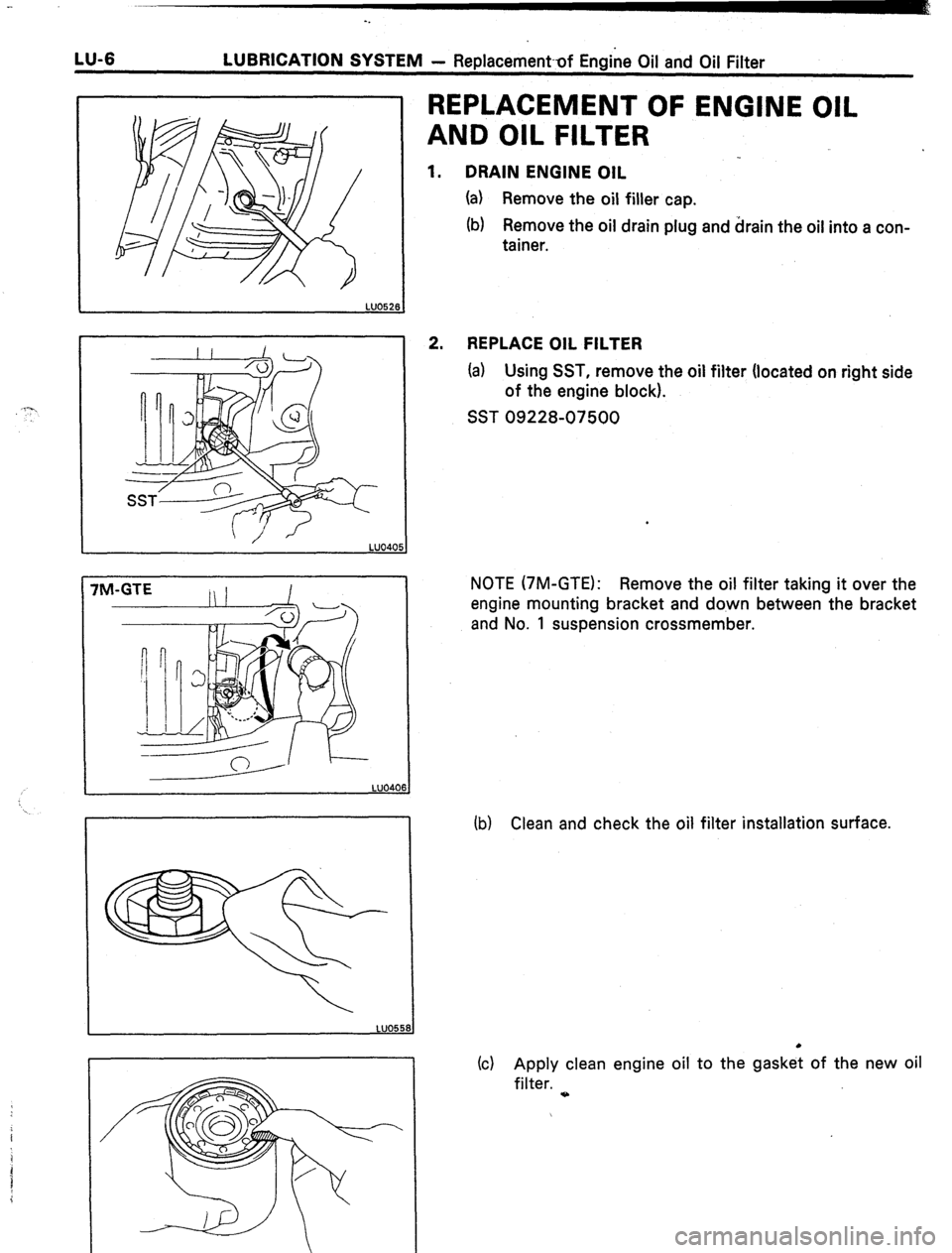TOYOTA CELICA 1987  Service Repair Manual -. 
LU-6 
LUBRICATION SYSTEM - Replacement-of Engine Oil and Oil Filter 
REPLACEMENT OF ENGINE OIL 
AND OIL FILTER 
1. 
DRAIN ENGINE OIL 
(a) Remove the oil filler cap. 
(b) Remove the oil drain plug 