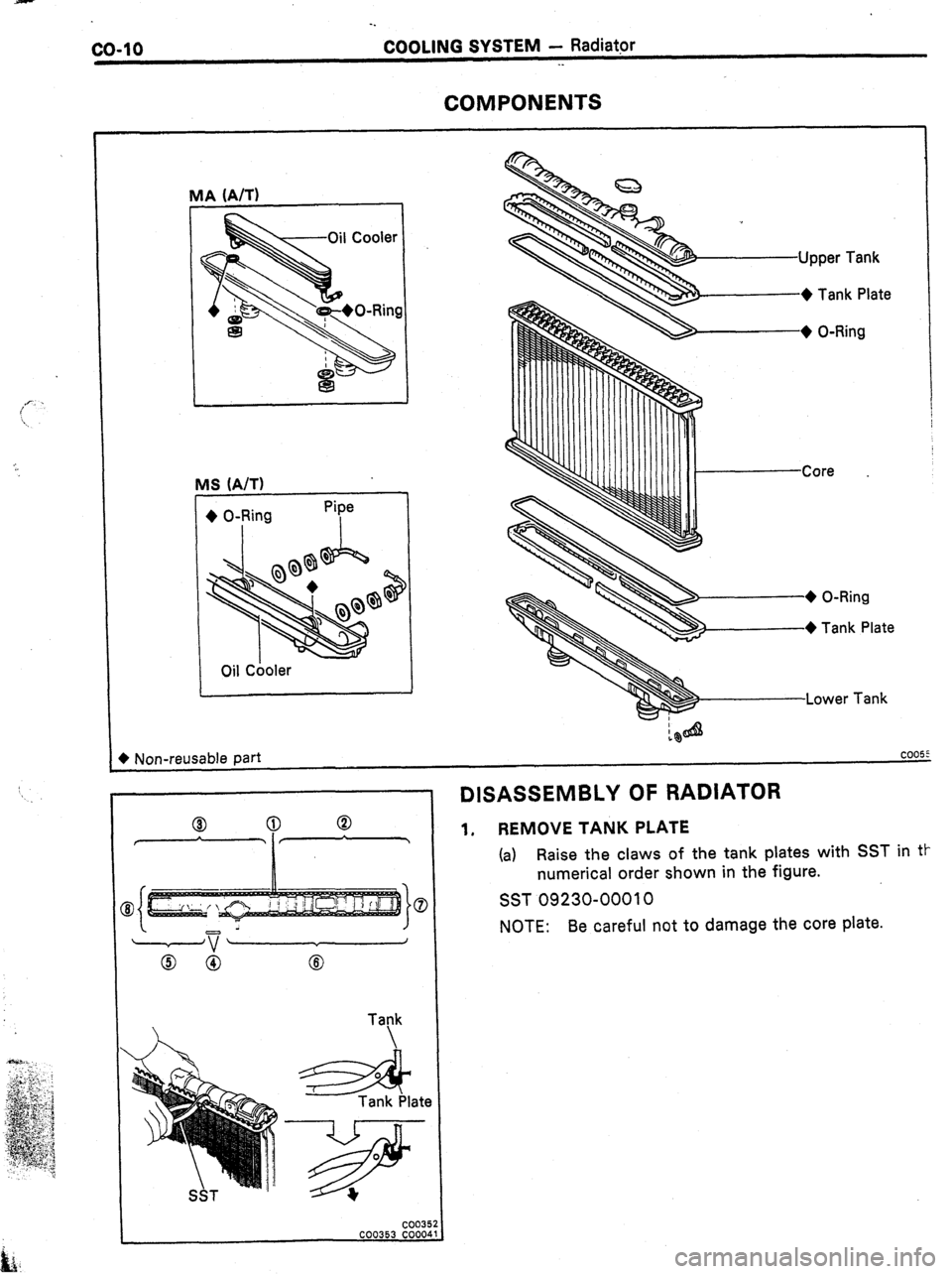 TOYOTA CELICA 1987  Service Repair Manual CO-IO 
-. 
COOLING SYSTEM - Radiatpr 
. . 
COMPONENTS 
IA (A/T) 
MS (A/T) 
+ O-Ring 
I 
Oil Cooler Pipe 
I 
1 
Upper Tank 
-+ Tank Plate 
,+ 0-Rina 
I I I I 
I I I I I I I I I I I ICore 
Lower 
Tank 
