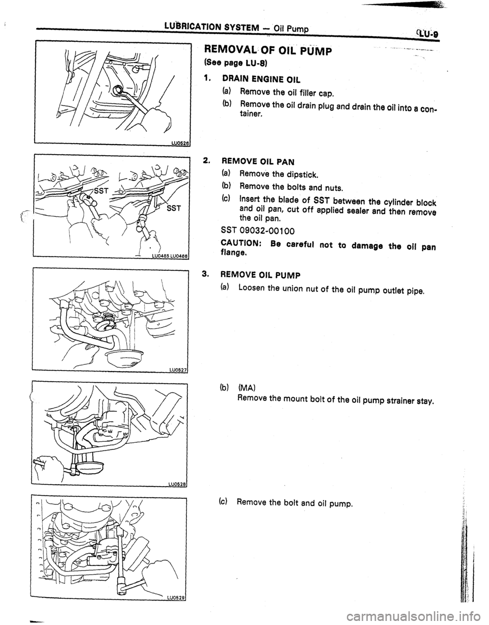 TOYOTA CELICA 1987  Service Repair Manual LUbRlCATlON SYSTEM - Oil Pump 
._ ul~9 
LUO526 
REMOVAL,OF OIli Prli&lP 
(See page LU-8) 
-, . .--- -._.____. 
-. 
1. 
DRAIN ENGINE OIL 
(a) Remove the oil filler cap. 
(b) Remove the oil drain plug a