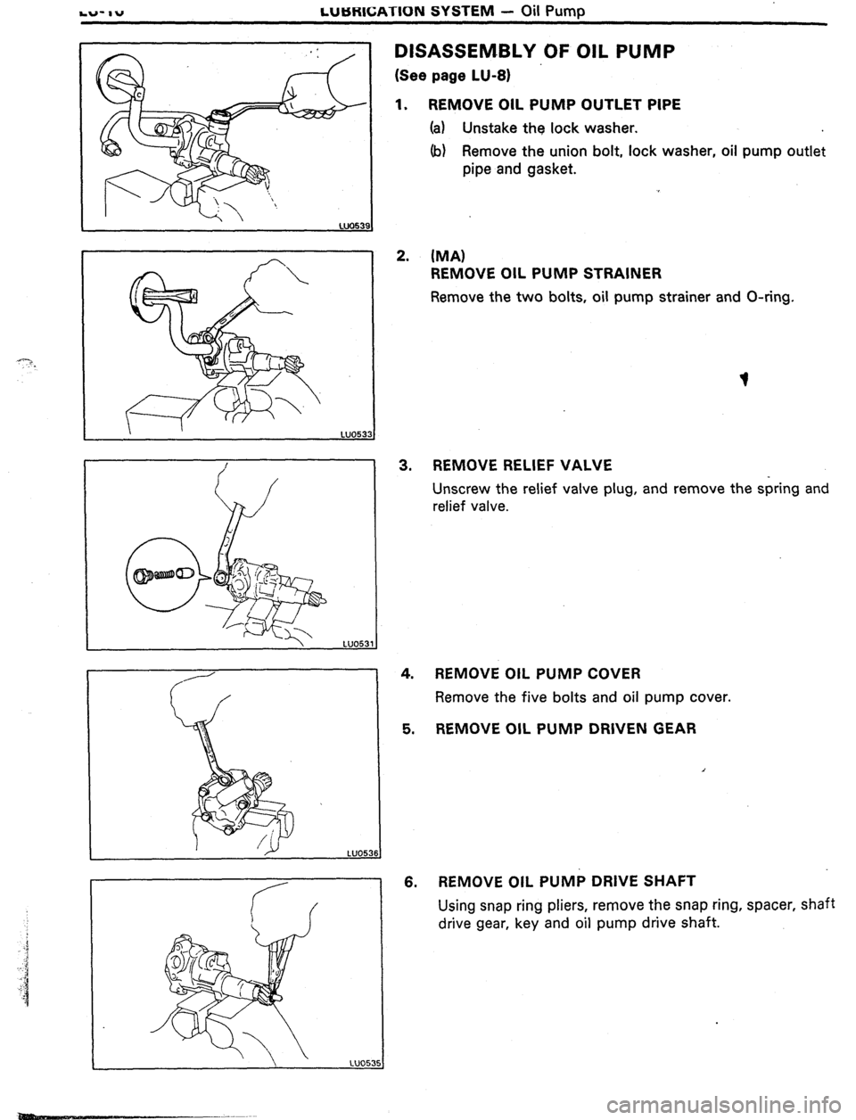 TOYOTA CELICA 1987  Service Repair Manual LUBRlCATlON SYSTEM - Oil Pump 
LUO531 
DISASSEMBLY OF OIL PUMP 
(See page LU-8) 
1. REMOVE OIL PUMP OUTLET PIPE 
(a) Unstake the lock washer. 
(b) Remove the union bolt, lock washer, oil pump outlet 
