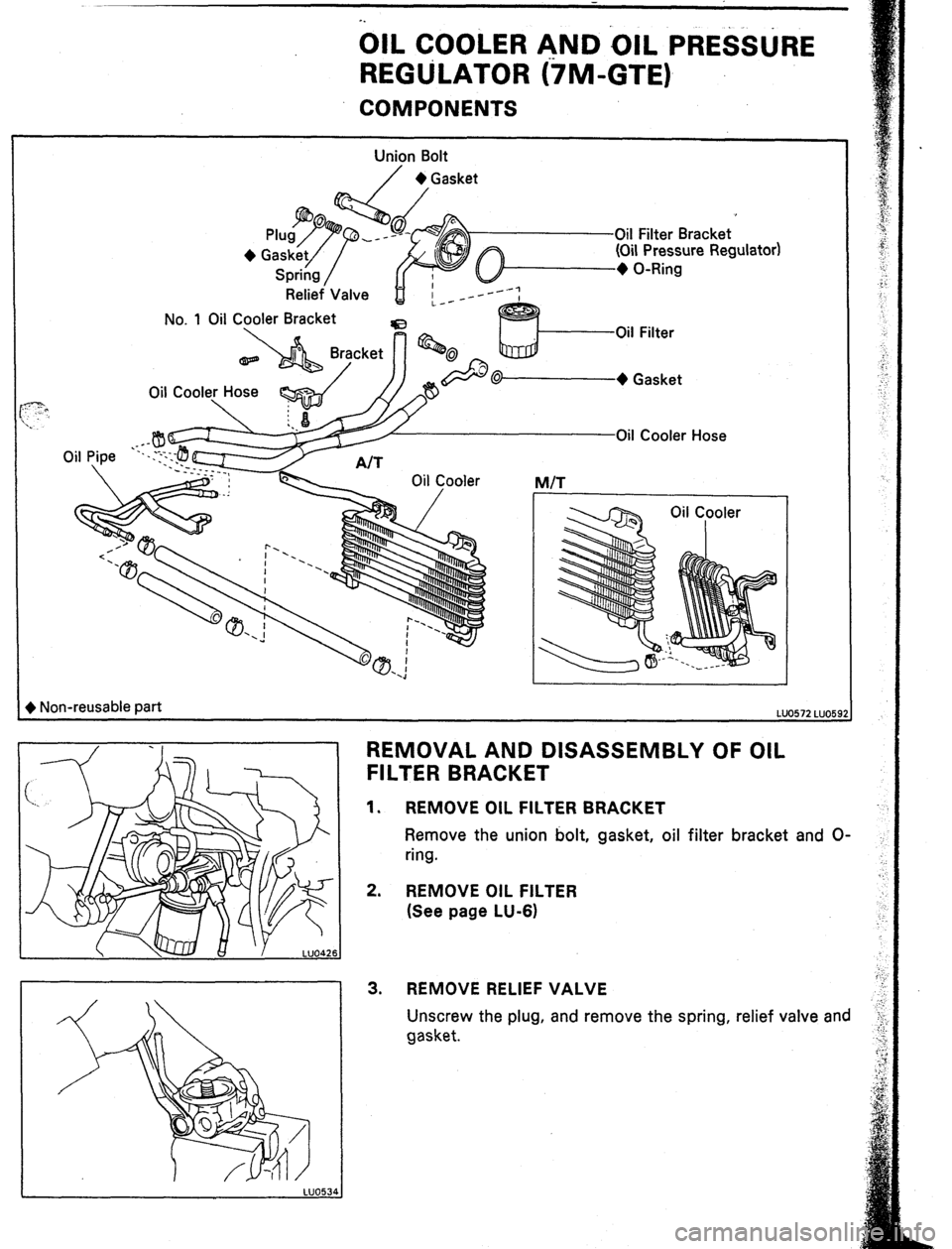 TOYOTA CELICA 1987  Service Repair Manual OIL COOLER AND OIL PRE&ljRE 
REGULATOR ijM-GTE) 
COMPONENTS 
Union Bolt 
/ + Gasket 
Oil Filter Bracket 
(Oil Pressure Regulator) 
+ O-Ring 
Relief Valve 
No. 1 Oil Cyler Bracket 
./-Oil Filter 
& Non