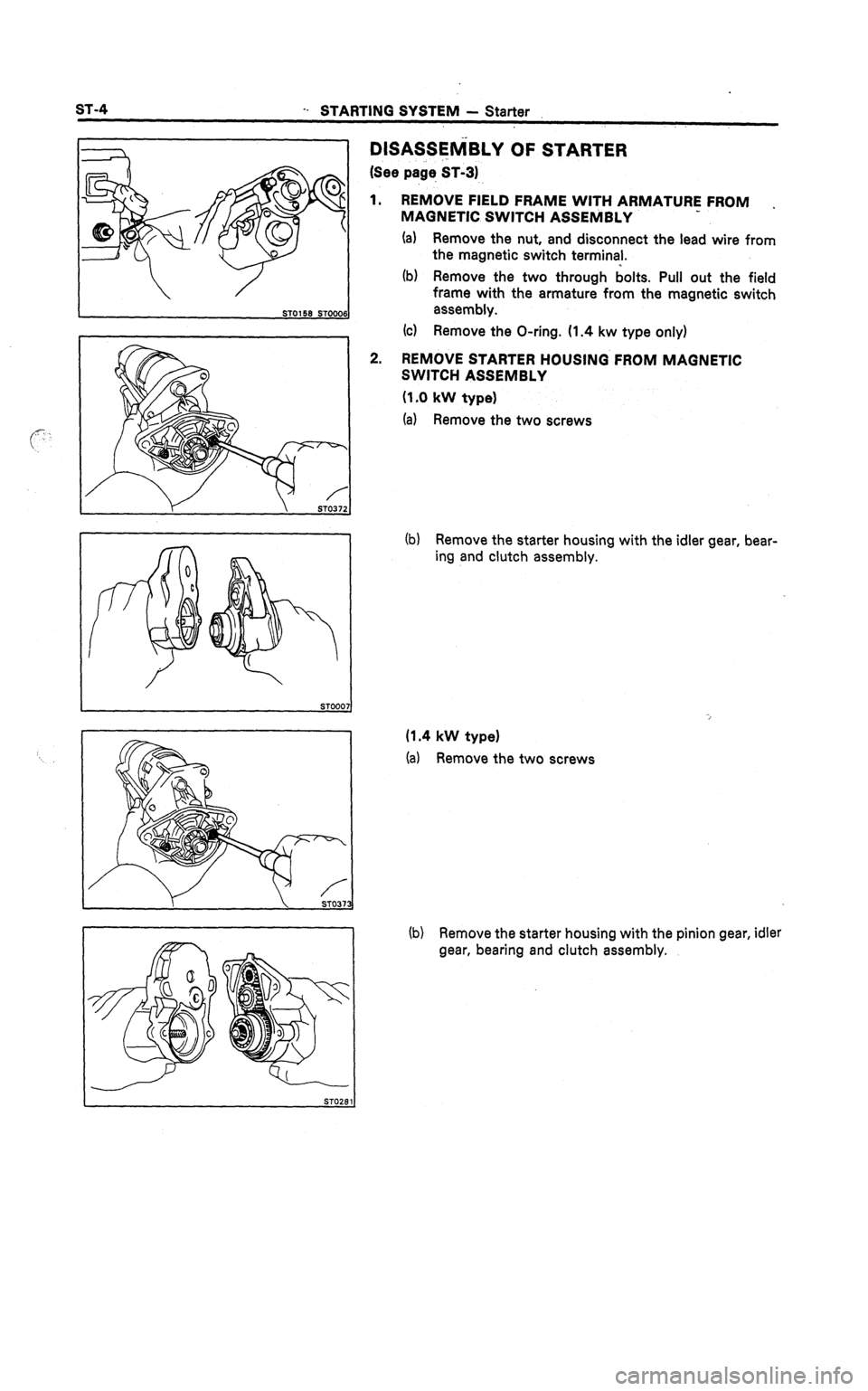 TOYOTA CELICA 1987  Service Repair Manual -. STARTING SYSTEM - Starter 
DlSASSElViBLY OF STARTER 
(See page ST-31 
1. REMOVE FIELD FRAME WITH ARMATURE FROM . 
MAGNETIC SWITCH ASSEhilBLY 
(a) Remove the nut, and disconnect the lead wire from 
