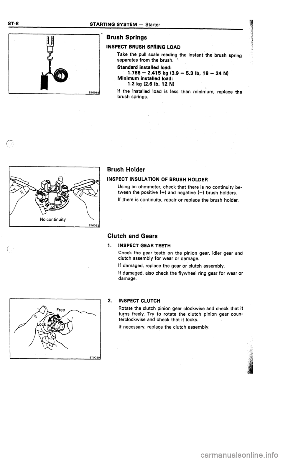 TOYOTA CELICA 1987  Service Repair Manual STARTING SYSTEM - Starter 
No continuity  
STOO6: 
Brush Springs. 
INSPECT BRUSH SPRING LOAD 
Take the pull scale reading the instant the brush spring 
separates from the brush. 
Standard installed lo