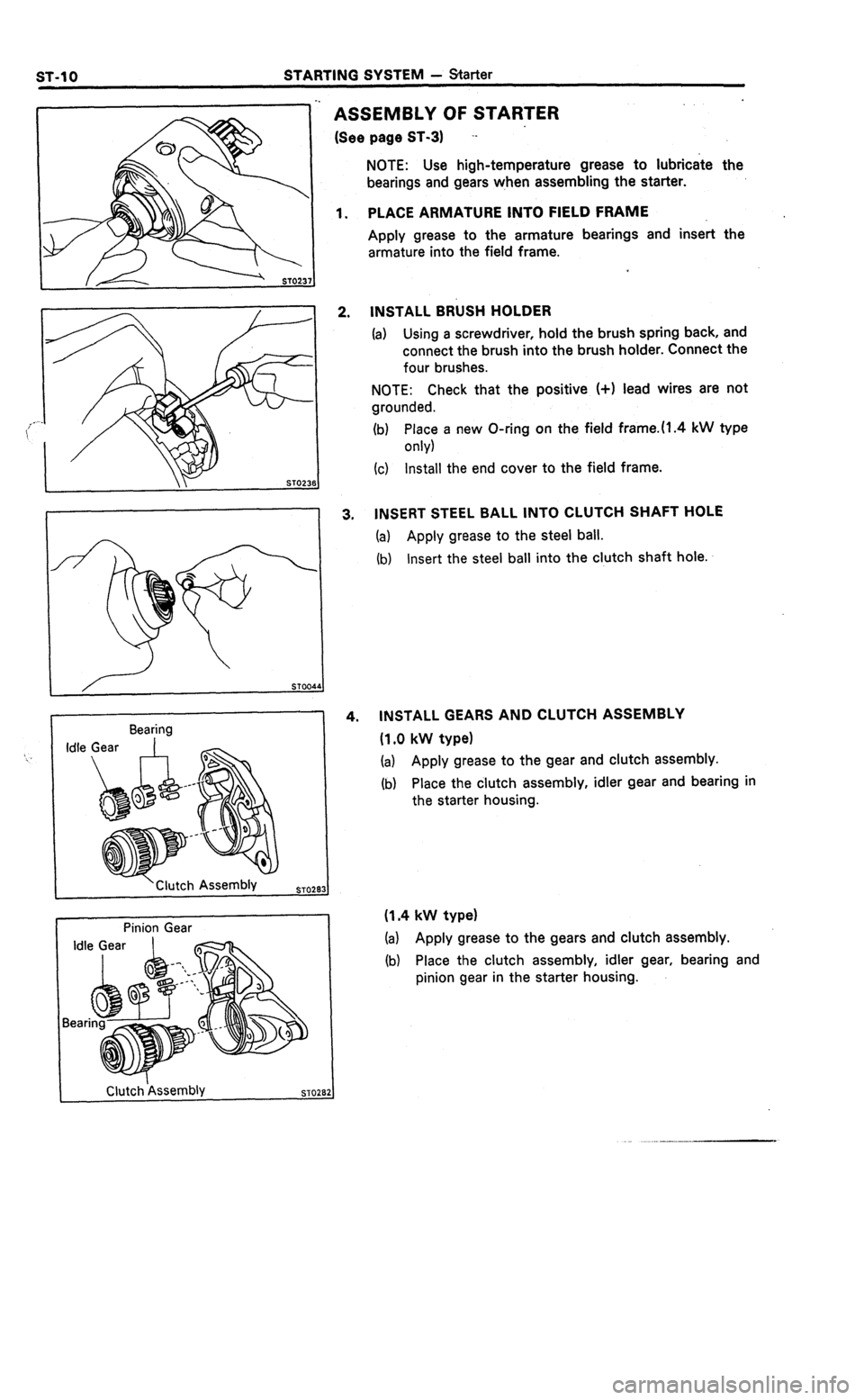 TOYOTA CELICA 1987  Service Repair Manual STARTING SYSTEM - Starter 
Bearing 
- 
‘Clutch Assembly 
STOPB: 
Pinion Gear 
ASSEMBLY OF STARTER 
(See page ST-31 -- 
NOTE: Use high-temperature grease to lubricate the 
bearings and gears when ass