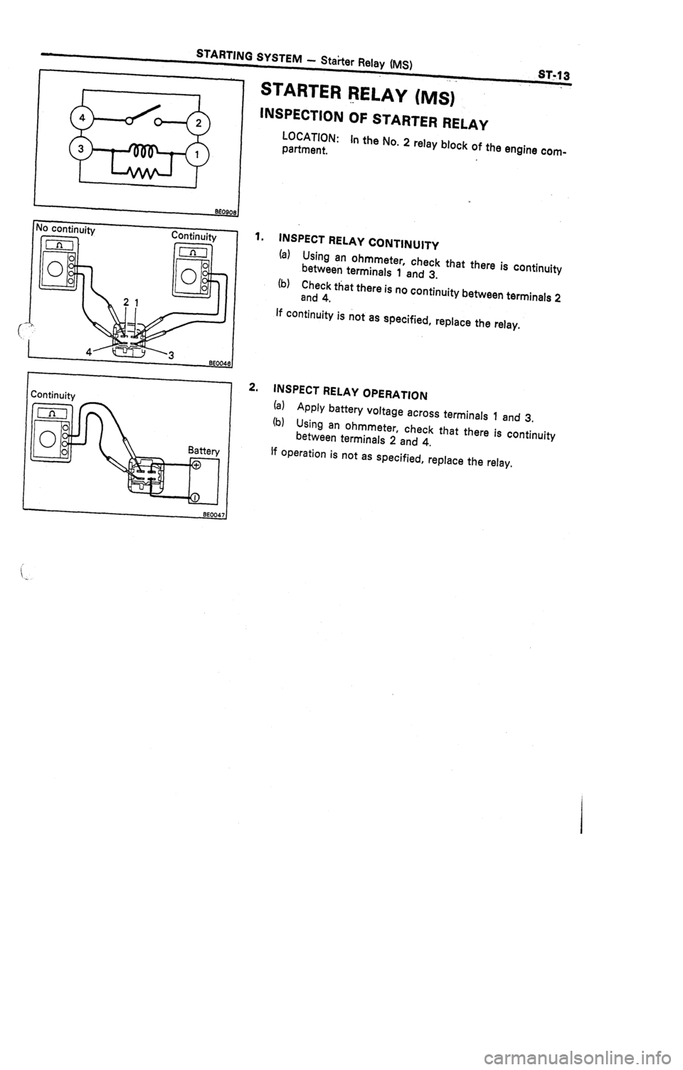 TOYOTA CELICA 1987  Service Repair Manual STARTING SYSTEM 
- Staher Relay (MS) 
_. ., ST113 
STARTER RELAY (MS) 
._ 
INSPECTION OF STARTER RELAY 
LOCATION: 
partmen t. In the NO. 2 relay block of the engine com- 
Continuity 
Inl 
Hi 
0 
0 
0 