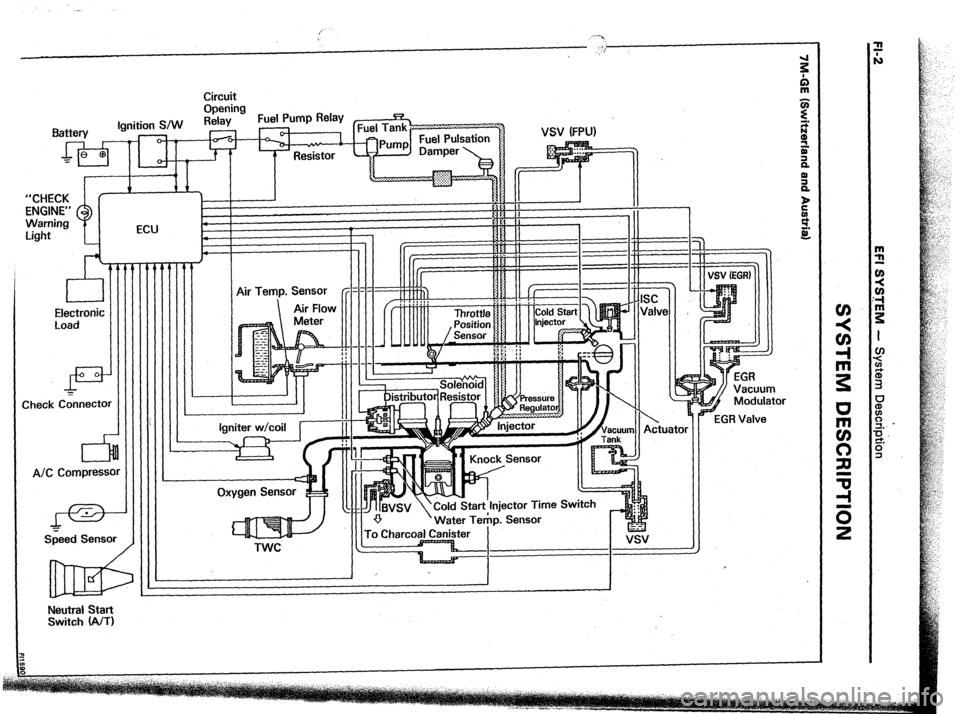 TOYOTA CELICA 1987  Service Repair Manual Circuit 
Opening 
Fuel Pump Relay 
I 
Warning 1 
I :..I-, -7-I ECU 
P 1 
L- 
VSV (FPU) 
Electronic 
Load 
di!= 
Check C&tnector 
A/C Compressc 
I-=- 
Szeed Sensor 
IIIII:IIlI Igniter w/coil 
l---it- 
